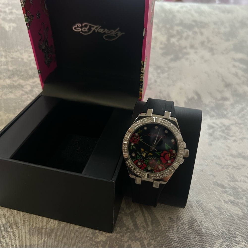 Ed Hardy Black and Floral Crystal Watch